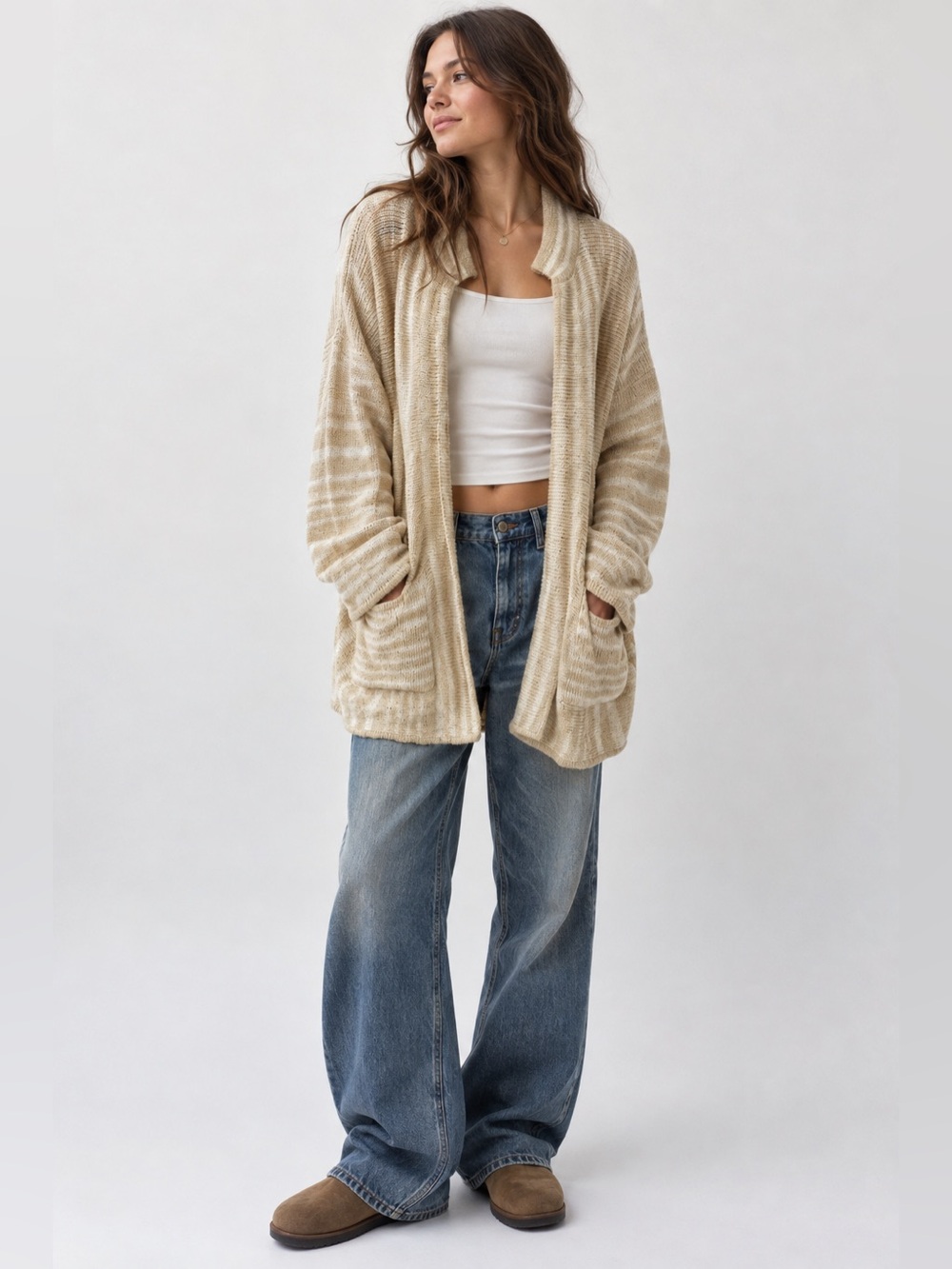 Gap medium large Beige Striped Open Front Cardigan Oversized Boho Coastal Chunky